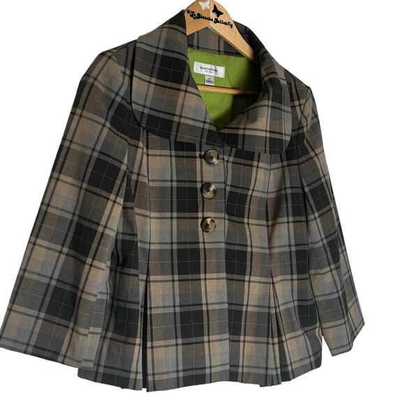 Womens Isaac Mizrahi Brown Plaid Peter Pan Collar Cropped Blazer Jacket Size 12 - Picture 1 of 11